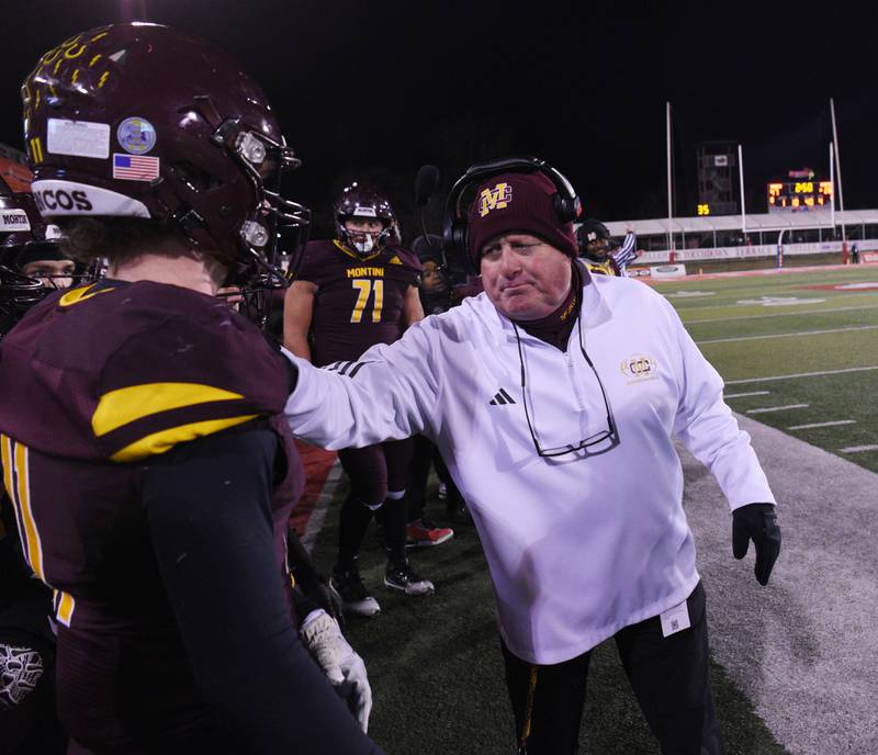 Montini  head coach Mike Bukovsky calls Brendan Pully over to the sideline and puts him in the game during the fourth quarter of the IHSA Class 4A state championship game against Rochester on Friday, Nov. 28, 2025 in Normal.