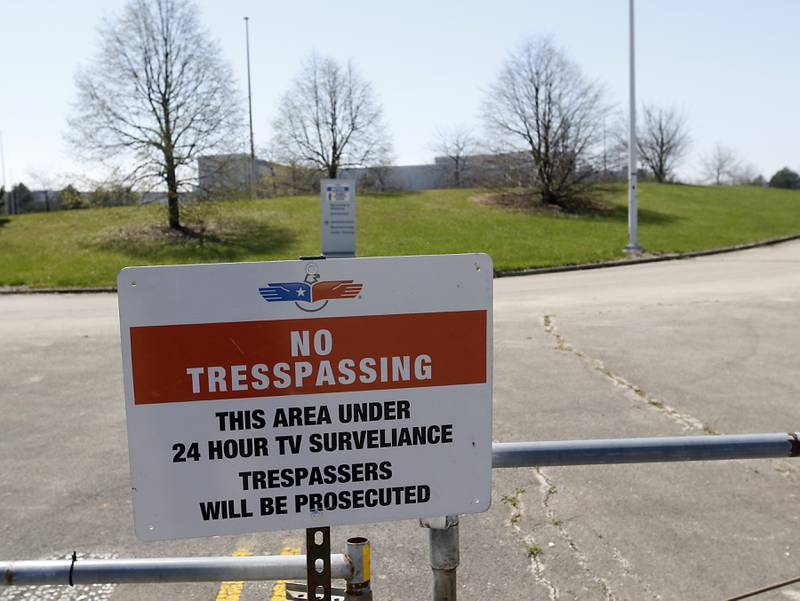 The former old Motorola campus in Harvard on April 27, 2023. Work is being performed to prepare the campus for a new tenant. The building has been empty since 2003. Signs were haver beed placed around the property warning people to stay away.