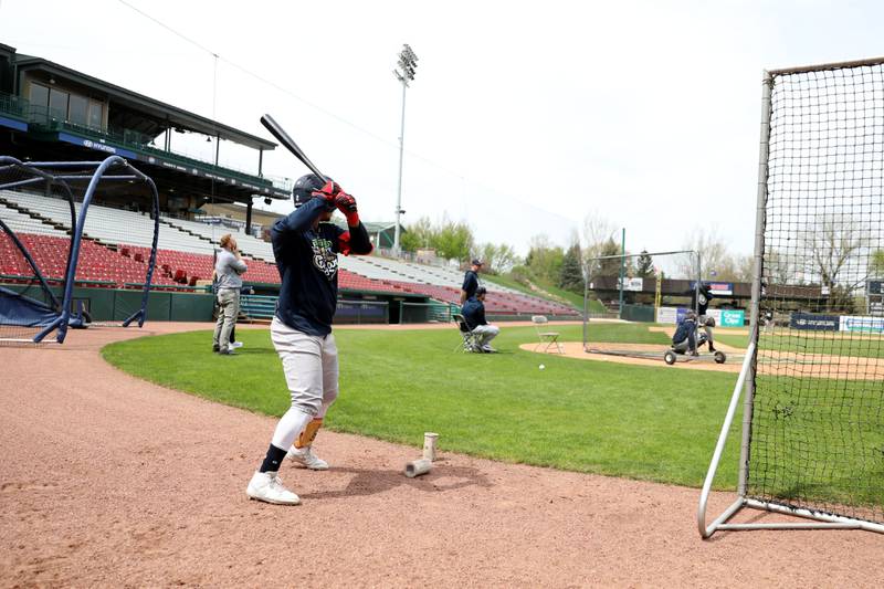 Kane County Cougars hold batting practice on Tuesday, April 29, 2025 at Northwestern Medicine Field in Geneva. The Cougars start their season at home on Thursday, May 8, 2025.