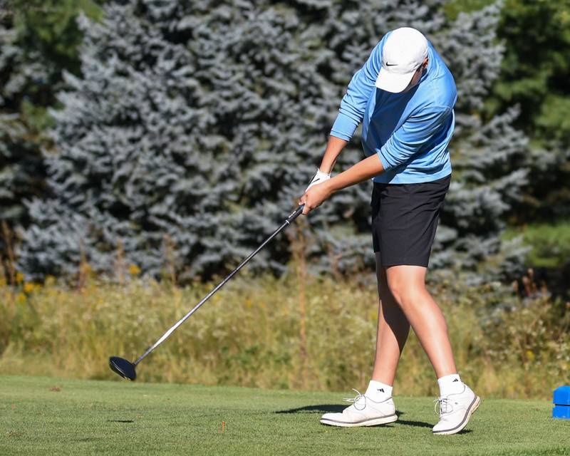 St. Charles North's Noah Bruns tees off on Monday Oct. 7, 2024, during the 3A sectional match held at Blackberry Oaks Golf Course in Bristol.