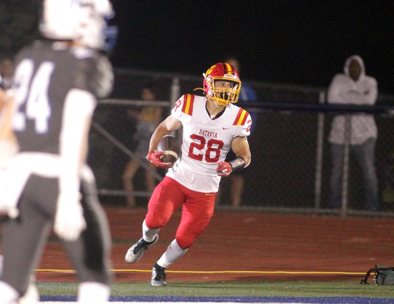 Batavia’s Nathan Whitwell celebrates a touchdown during a game at St. Charles North on Friday, Sept. 15, 2023.