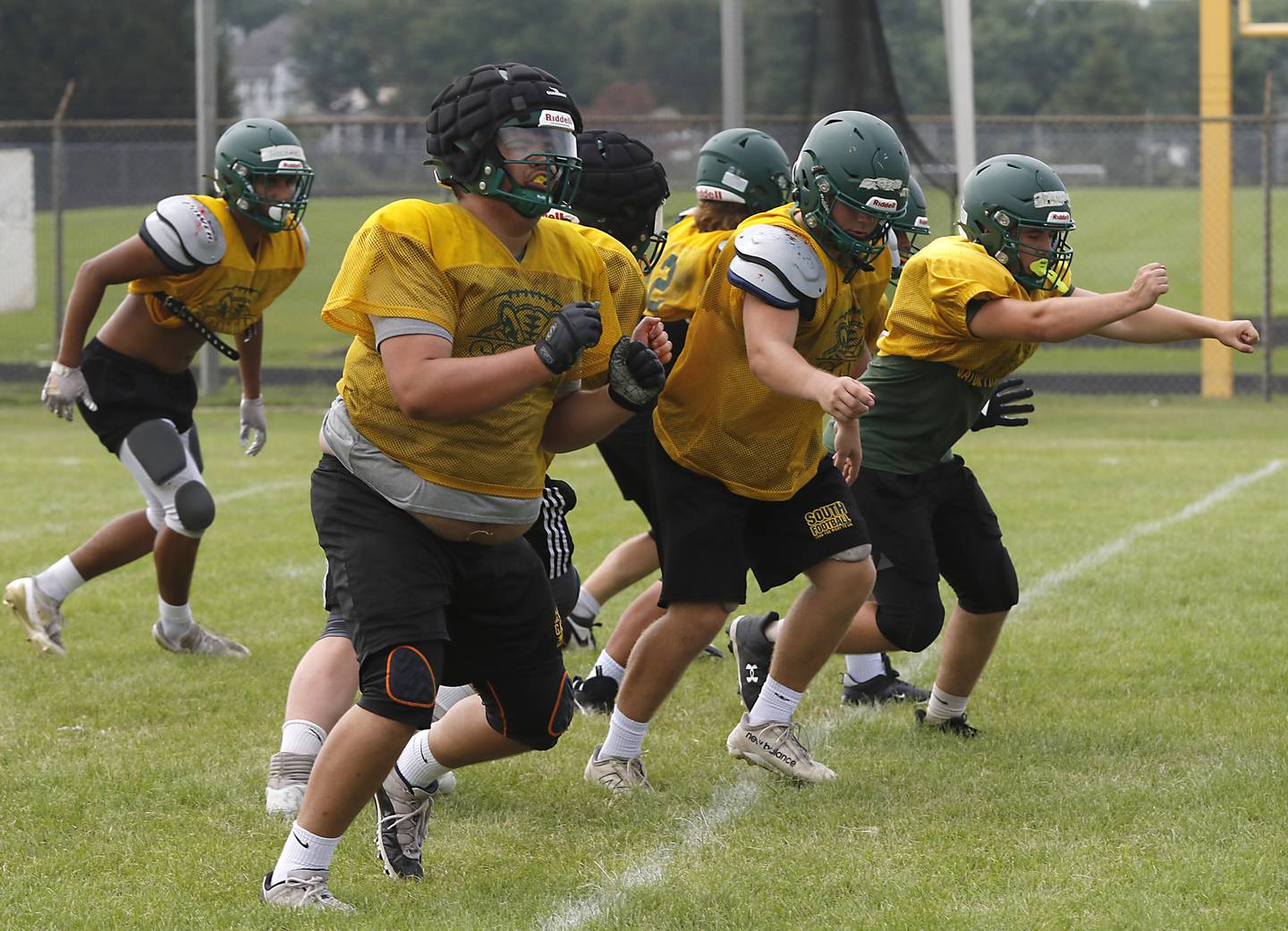 Crystal Lake South’ linemen practice pass blocking during football practice on Wednesday, July 23, 2025, at Crystal Lake South High School.