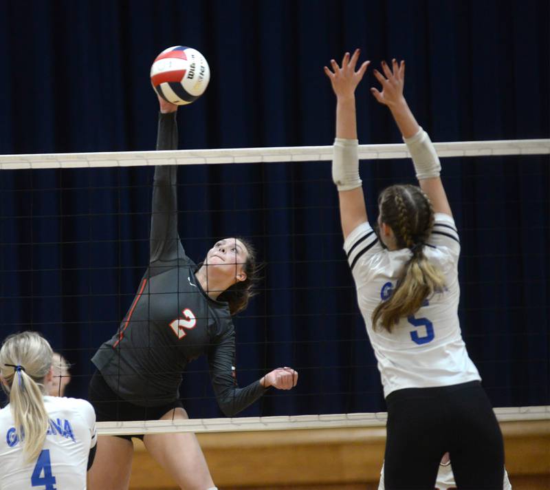 Fulton's Chloe Wilkin (2) spikes the ball against Galena during 1A action at the Polo Sectional on Tuesday, Nov. 5, 2024 at Polo High School.