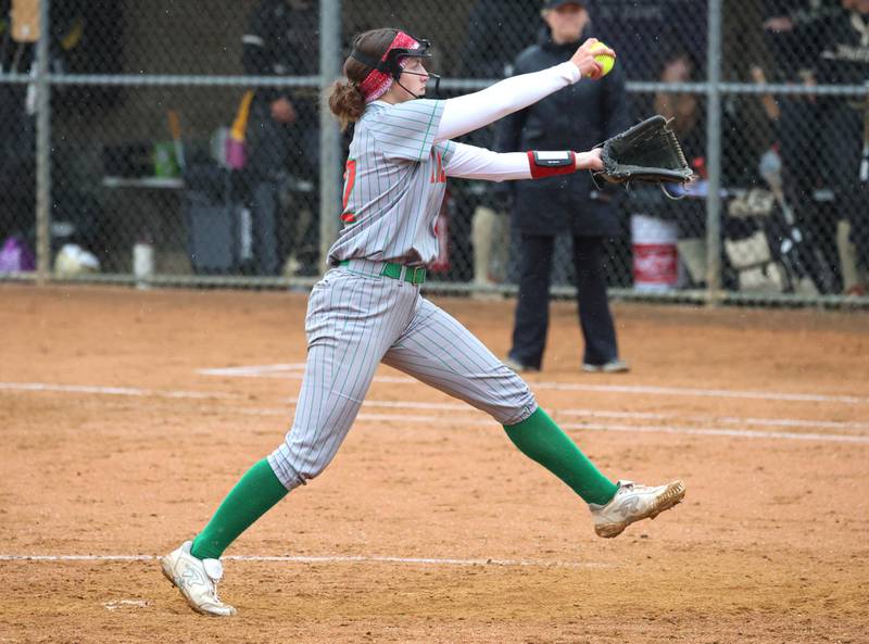 LaSalle-Peru's Claire Boudreau delivers a pitch Thursday, April 30, 2026, during their game at Sycamore High School.