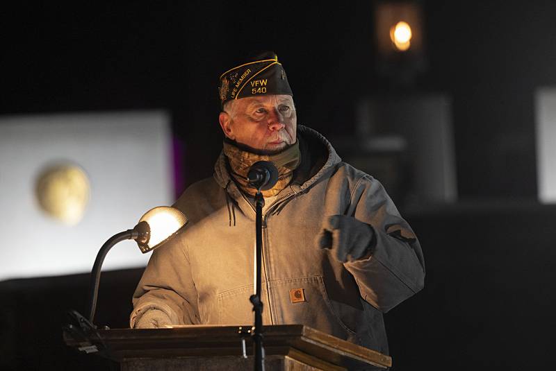 Emcee Rich Hanson begins a ceremony Saturday, Dec. 6, 2025, in Dixon to remember the still unaccounted for POW/MIAs.