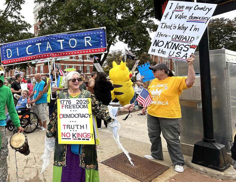 There were a variety of signs carried by demonstrators on Saturday, Oct. 18, 2025 at the No Kings rally on the Ogle County Courthouse square in Oregon, Illinois to protest actions and decisions by President Donald Trump and his administration.