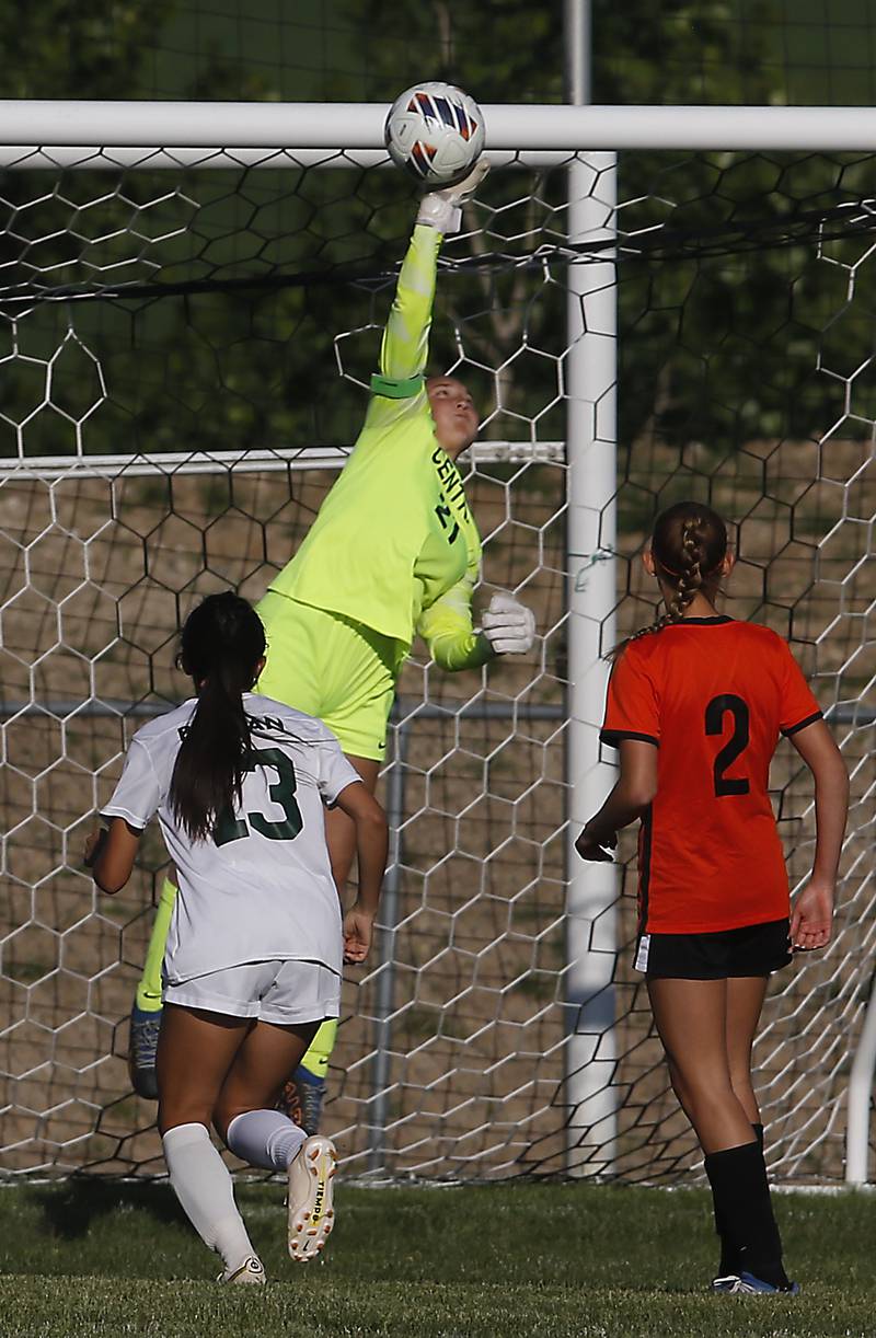 Crystal Lake Central's Addison Cleary pushes the ball over the bar during the IHSA Class 2A Burlington Central Girls Soccer Sectional final match against Boylan Friday, May 26, 2023, at Burlington Central High School.
