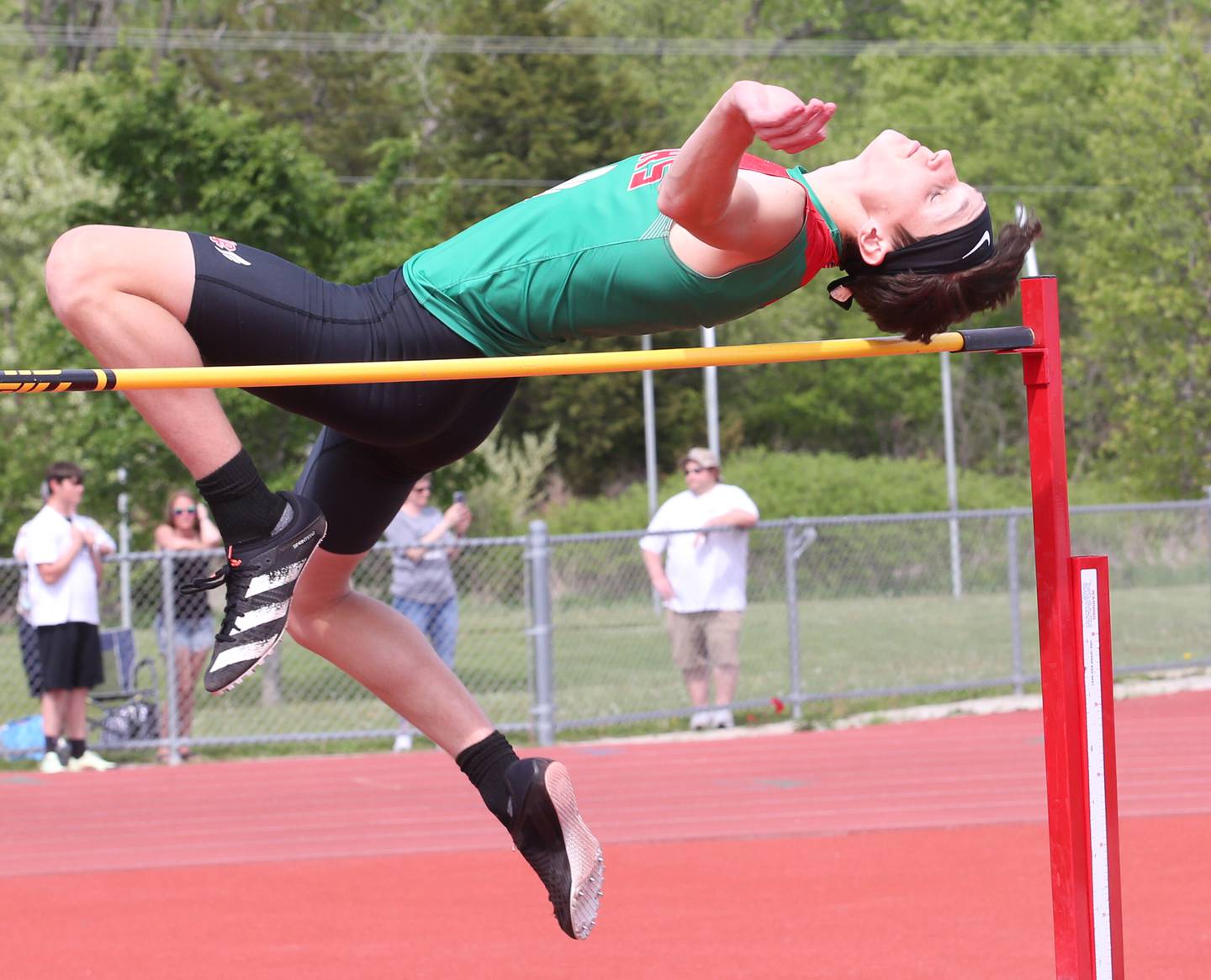 L-P's Michael George does the high jump during the I-8 Boys Conference Championship track meet on Thursday, May 11, 2023 at the L-P Athletic Complex in La Salle.