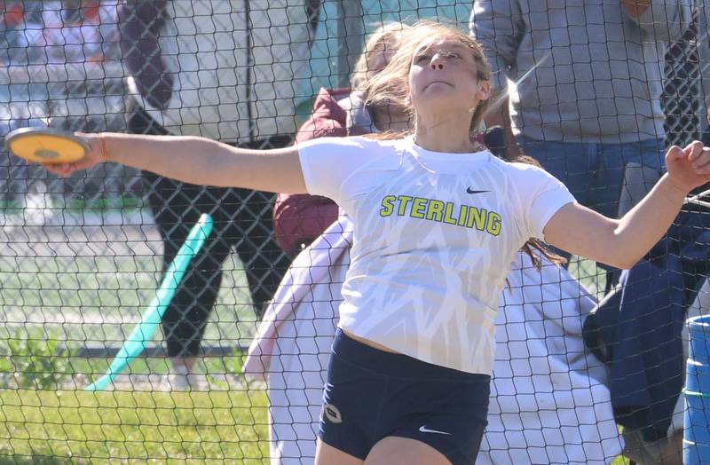 Sterling's Kendall Barajas throws discus during the Class 2A Sectional track meet on Wednesday, May 13, 2026 in the Jeff Prusator Athletic Complex at Mendota High School.