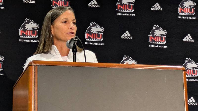 Women's basketball coach Lisa Carlsen speaks at NIU's media day for winter sports on Thursday, October 24, 2024.