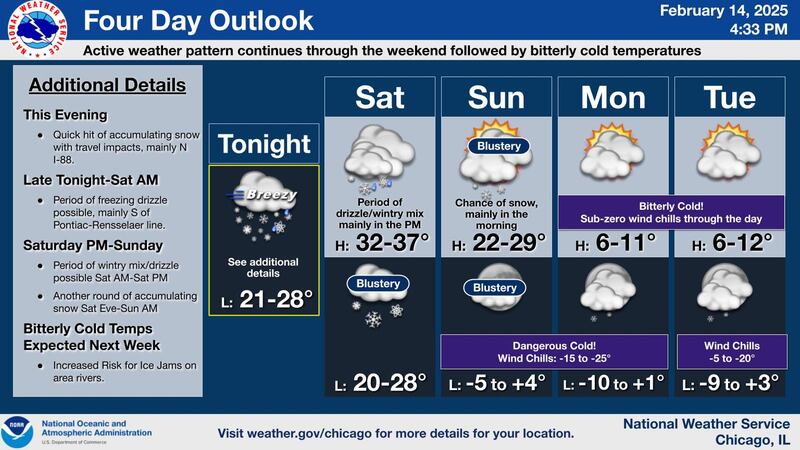 Northern Illinois could have snow, followed by bitter cold Feb. 14-18, 2025.