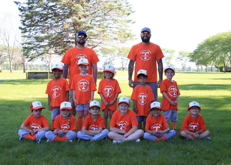 Orioles of the Coloma Park District tee-ball league. Player roster includes Ella Burtlow, Hazel Perales, Bryant Sodaro, Noah Sodaro, Abby Wright, Patrick Halverson, Logan Russell, Chandler Armstrong, Vivi Spencer, Hendrix Menchaca, Damari Davis, Gracelyn Hanson. Photo identifications were not available.