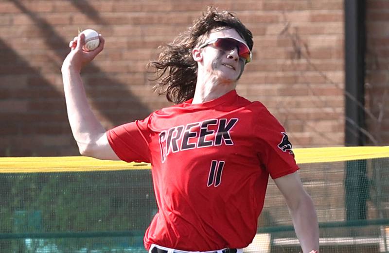 Indian Creek's Jeffrey Probst gets the ball back into the infield during their game against IMSA Monday, May 9, 2022, in Shabbona.