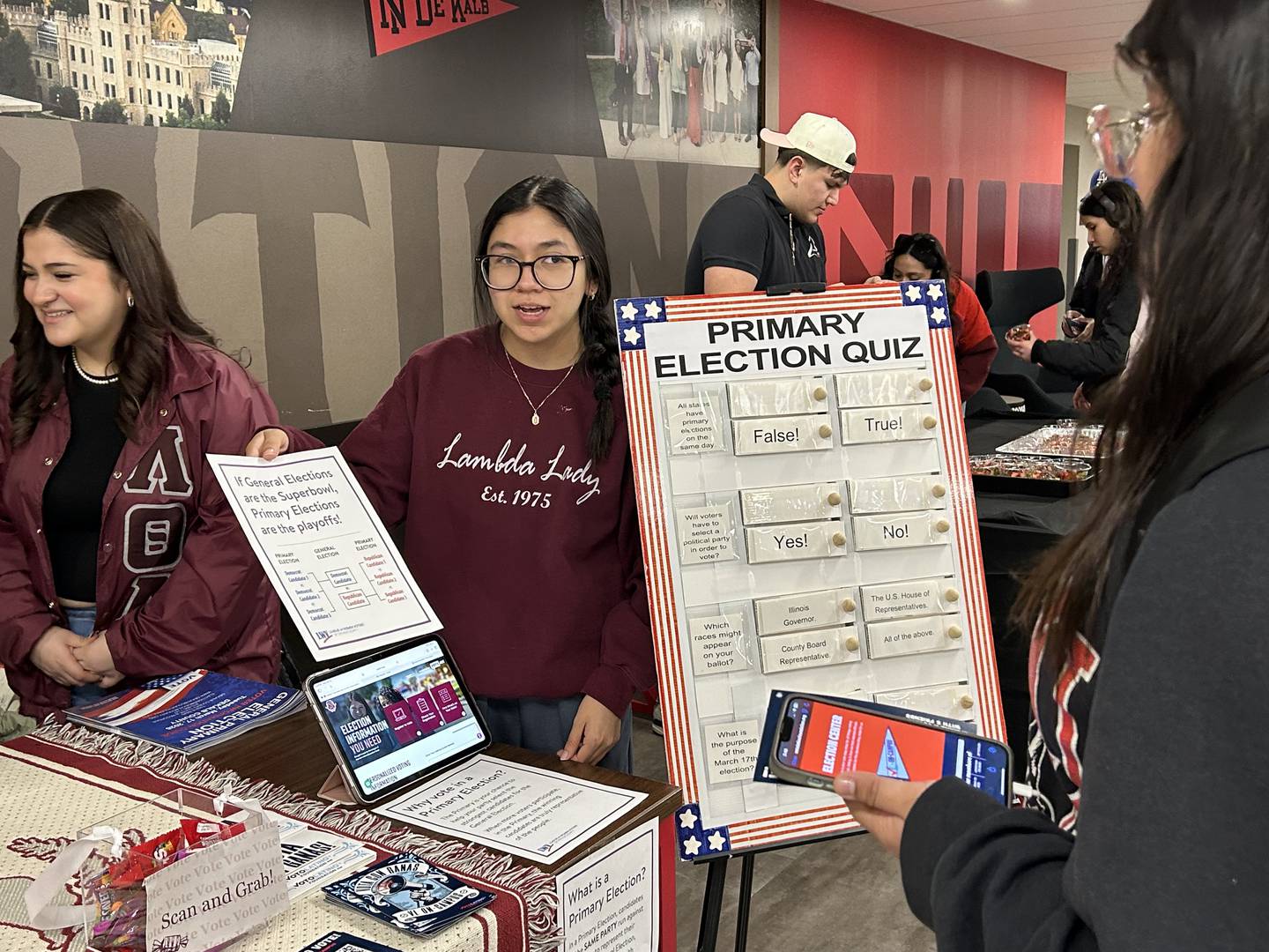 Members of the League of Women Voters of DeKalb County visited Northern Illinois University on Feb. 23, 2026, to share information on the upcoming primary election and help answer student questions.