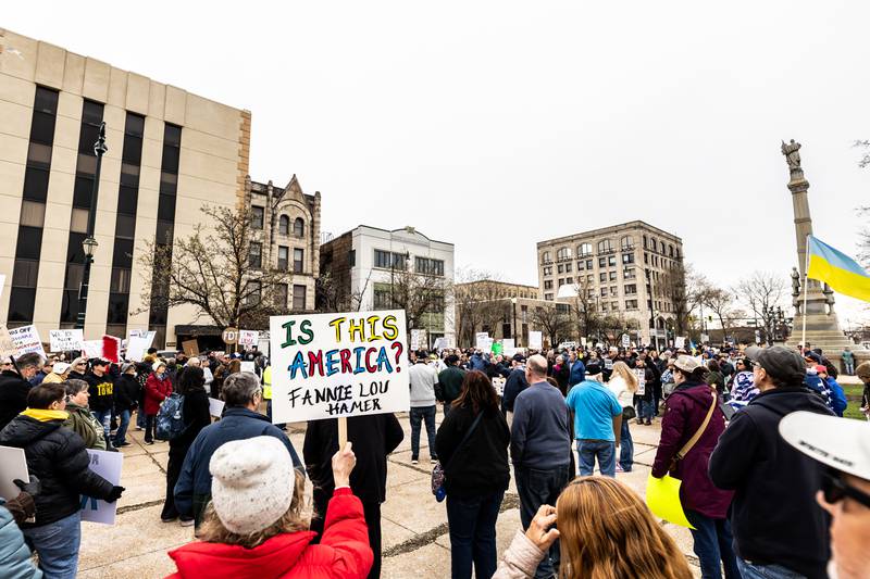 Attendees gather in Downtown Joliet during the Hands Off protest on April 5, 2025.