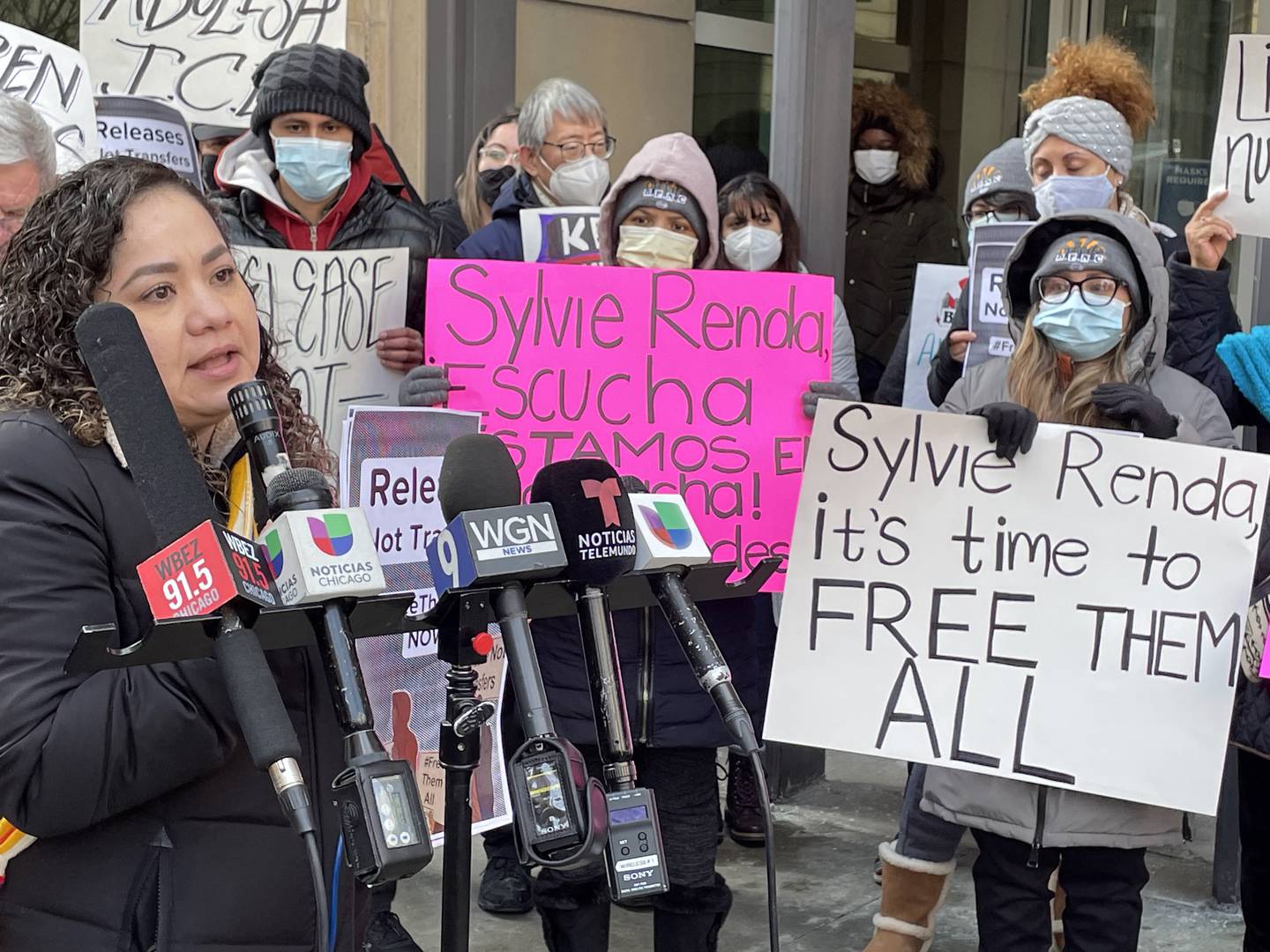 Angela Osorio, 40, with Organized Communities Against Deportations speaks of her experience at the McHenry County jail as a U.S. Immigration and Customs Enforcement detainee at a news conference in Chicago Tuesday, Feb. 1, 2022.