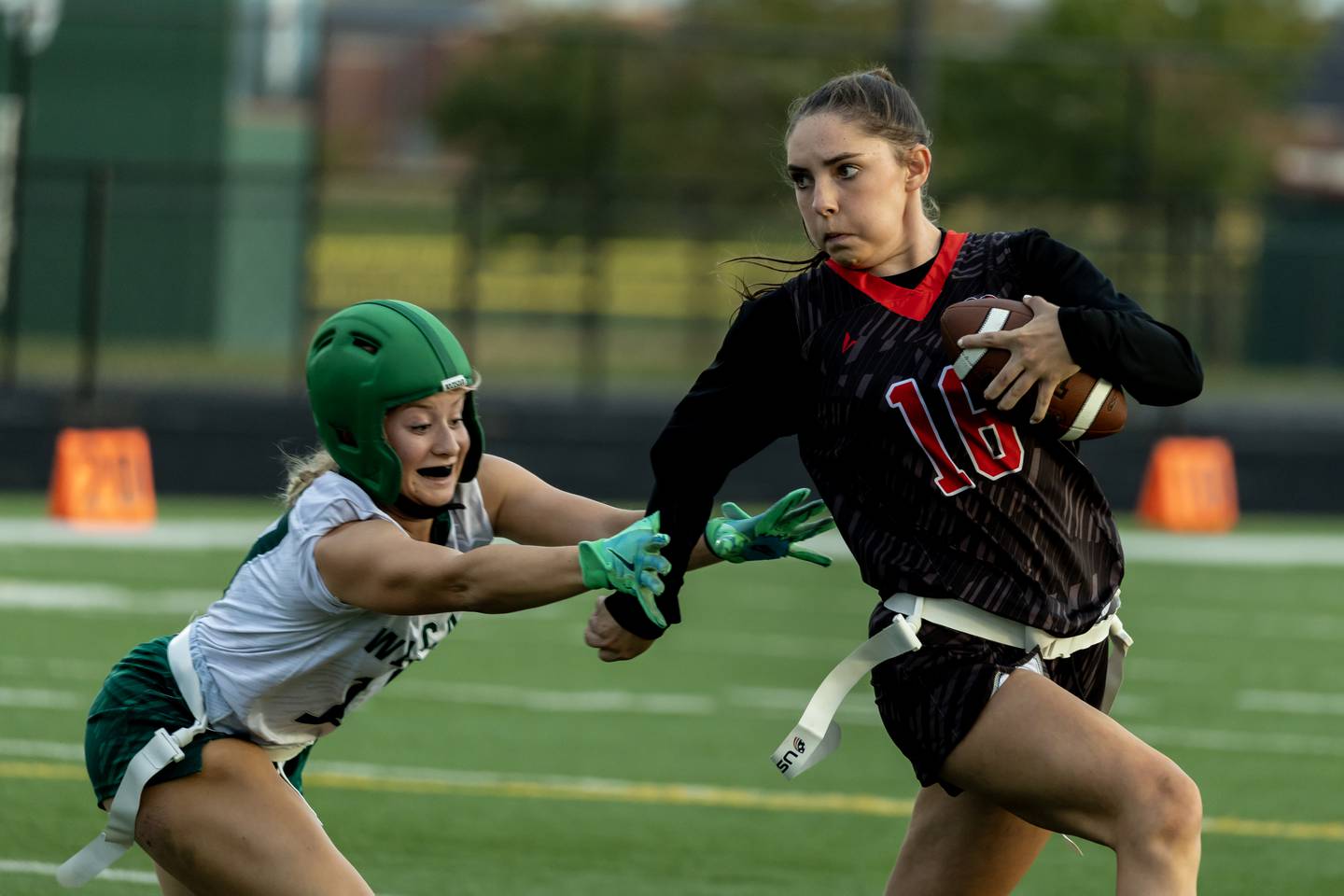 Yorkville's Hayden Hodges dodges the Plainfield Central defense during the IHSA Danville Sectional varsity flag football game at Plainfield East on Oct. 13, 2025.