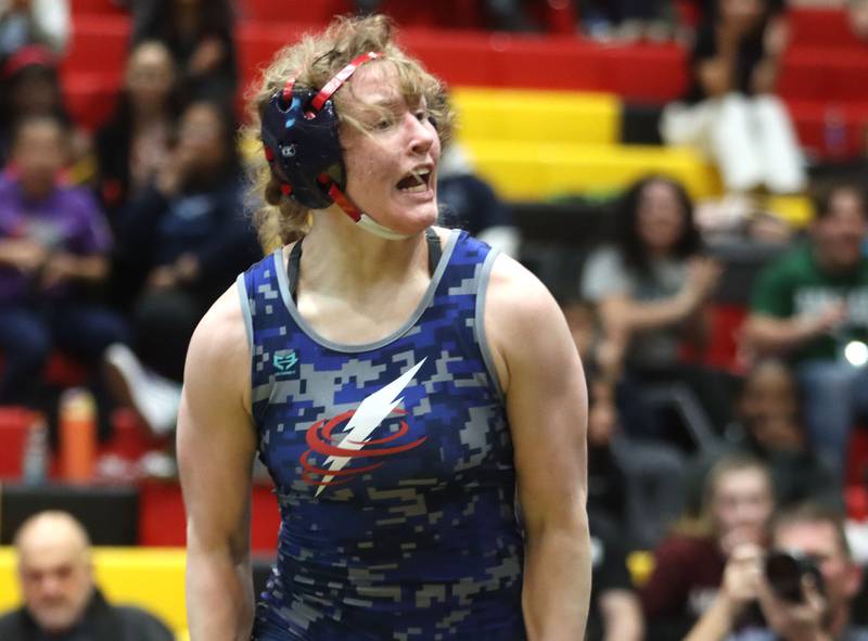 South Elgin’s Allison Garbacz celebrates after pinning Hinsdale South’s Callie Carr at 155 pounds in varsity girls IHSA Sectional wrestling on Saturday, February 14, 2026, at Schaumburg High School in Schaumburg.