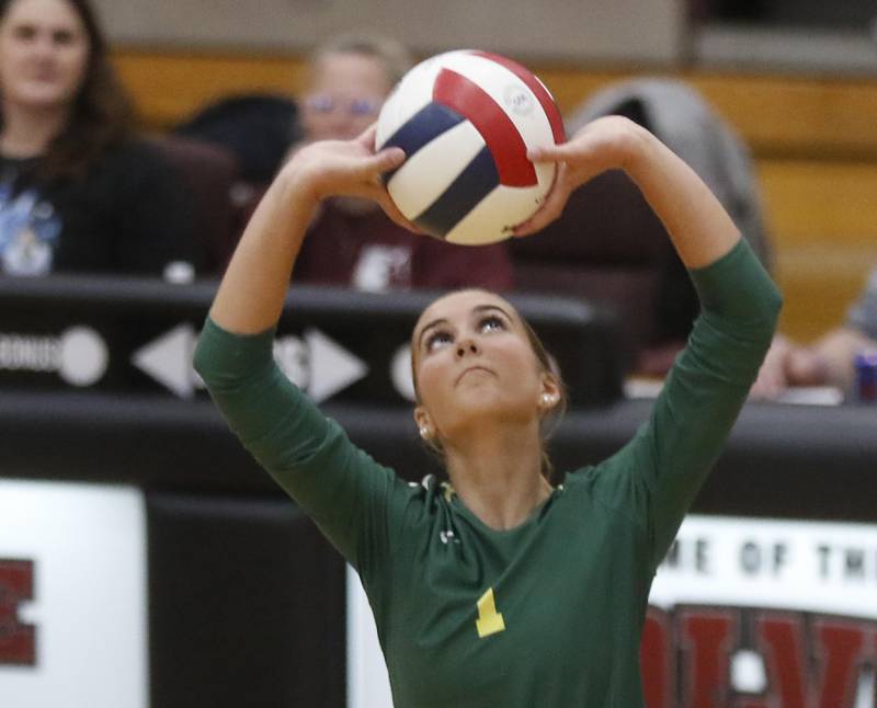 Crystal Lake South's Nora Wiggs sets the all during the IHSA Class 3A Prairie Ridge Regional championship volleyball match against Prairie Ridge on Thursday, Oct. 30, 2025, at the Prairie Ridge High School in Crystal Lake.