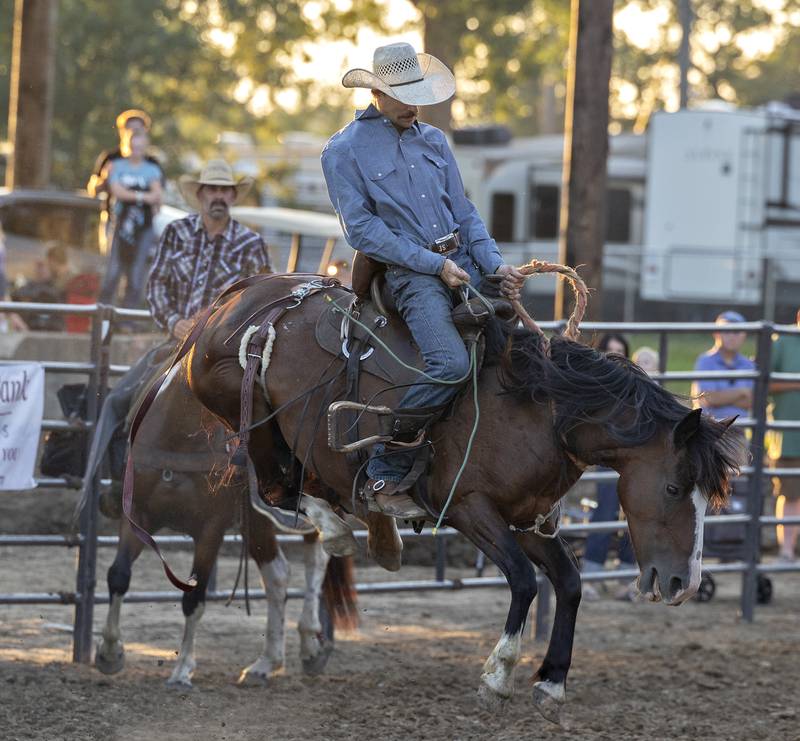 John Sinders concentrates on his ride Wednesday, August 13, 2025, at the Whiteside County Fair during the Next Level Pro Bronc rodeo.