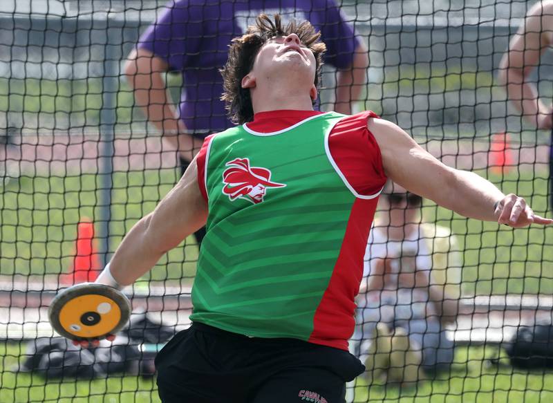 LaSalle-Peru’s Ricardo Santiago competes in the discus Tuesday, May 13, 2025, during the Interstate 8 Conference boys track championships at Rochelle High School.