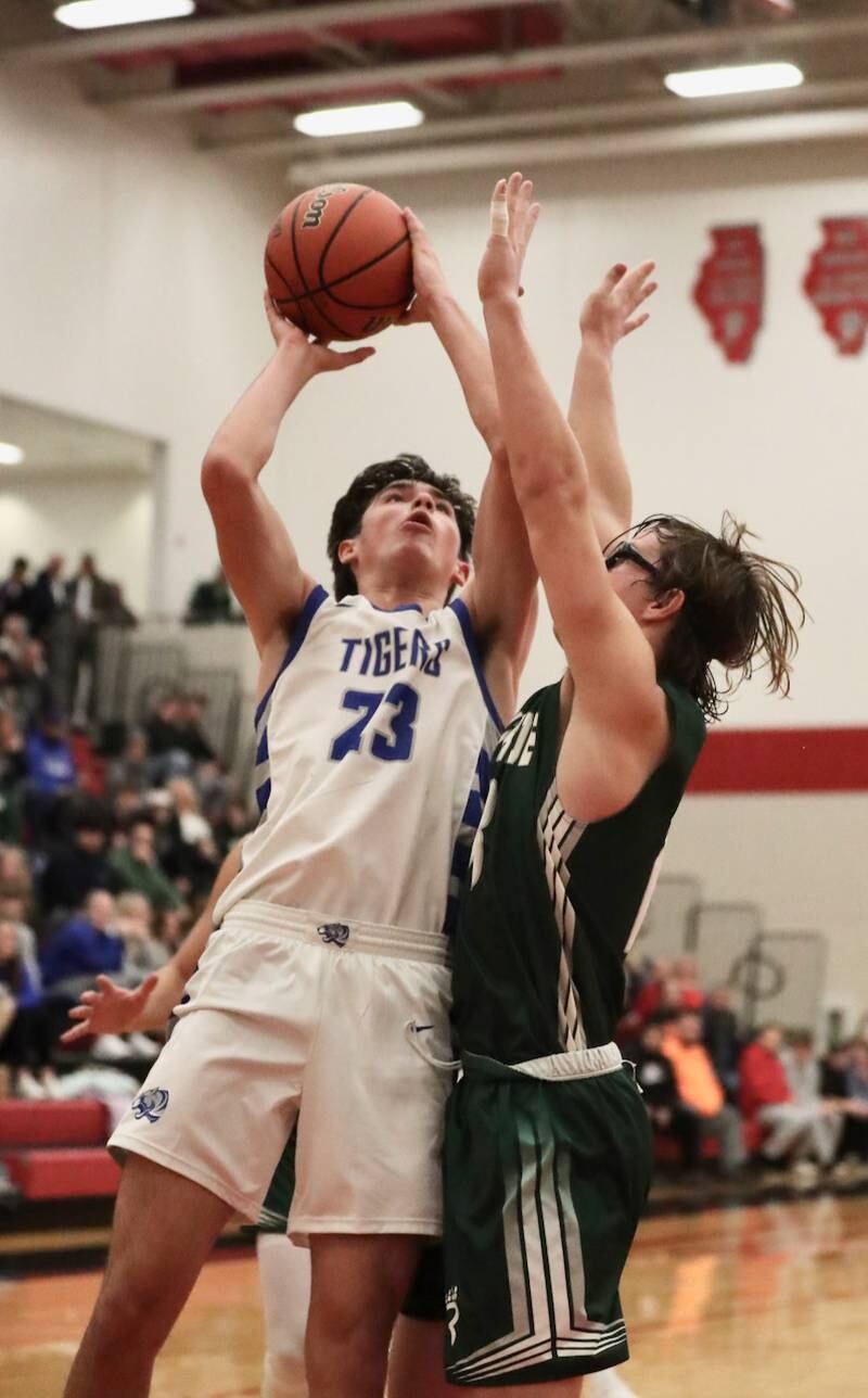 Princeton's Noah LaPorte shoots over St. Bede's Landon Jackson Saturday night in the Colmone Classic.