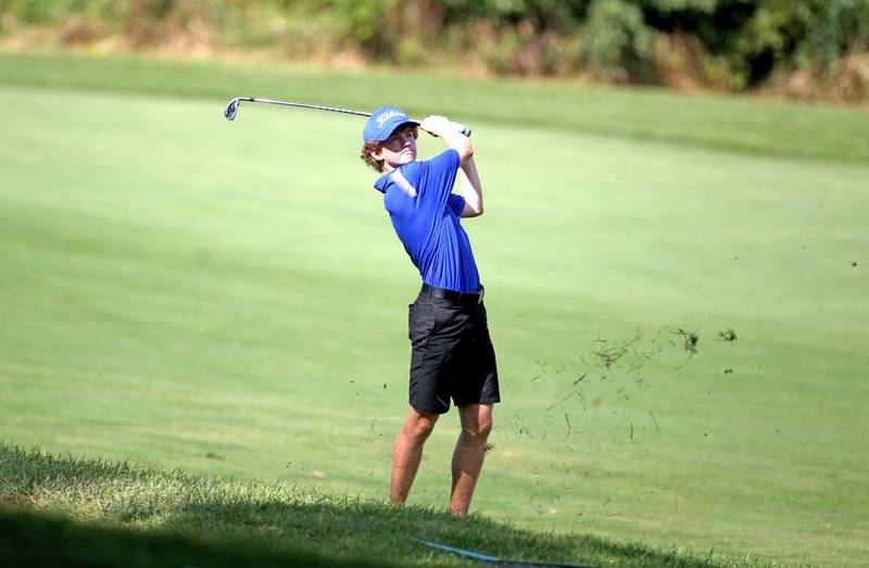 Wheaton North’s Henry Brock hits onto the green during the DuKane Conference Boys Golf Tournament at Bartlett Hills Golf Club on Tuesday, Sept. 20, 2022.