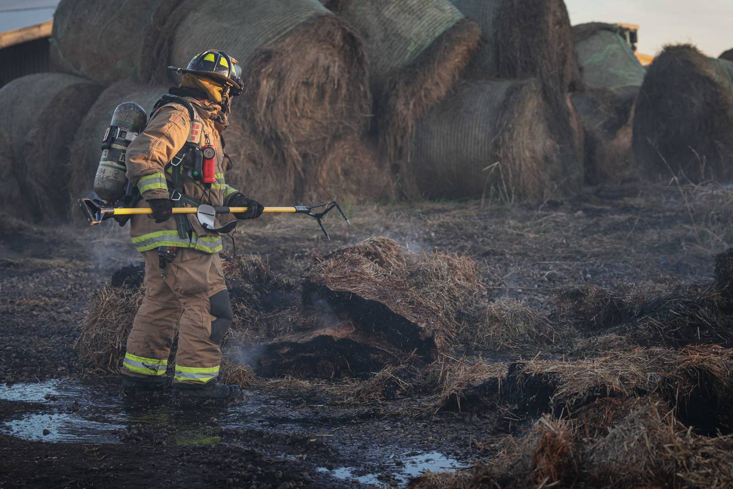 Hay bales caught fire near Union on Nov. 7, 2025.