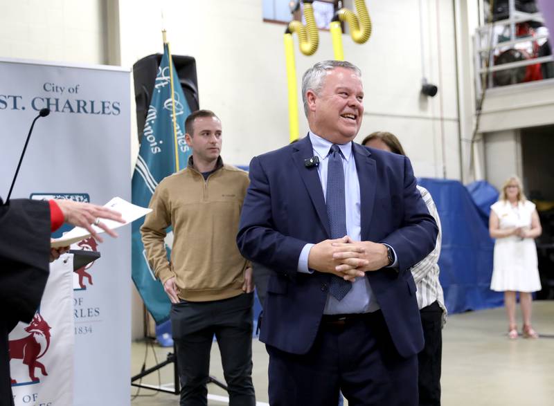 St. Charles Mayor Clint Hull smiles to the crowd after being sworn in on Monday, May 5, 2025 at the St. Charles Fire Department.