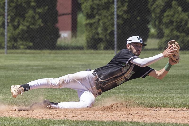 North Boone’s JJ Ford makes a diving play up the middle against Newman Saturday, May 25, 2024 at the Byron 2A sectional final.