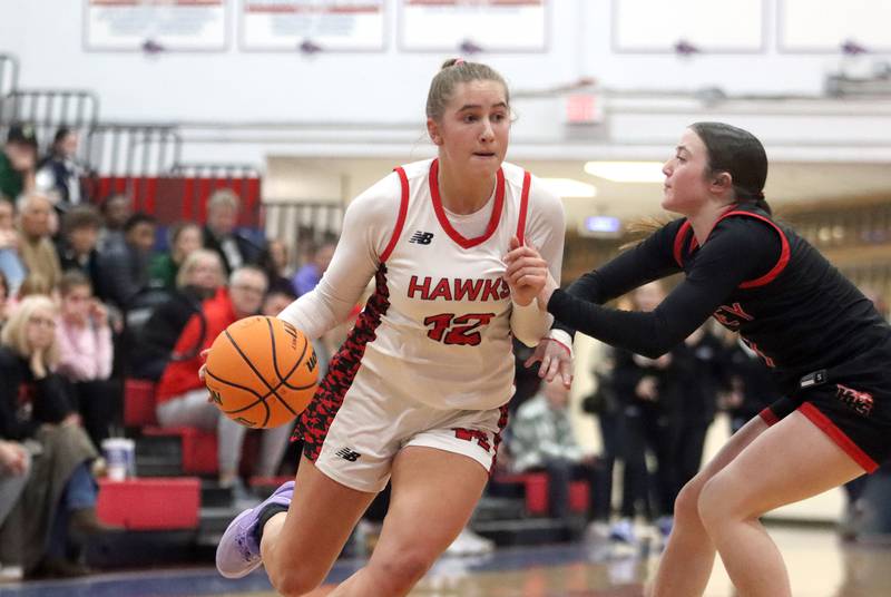 Maine South’s Katie Barker moves the ball against Huntley in Komaromy Holiday Classic varsity girls basketball championship game action on Monday, Dec. 30, 2024, at Dundee-Crown High School in Carpentersville.