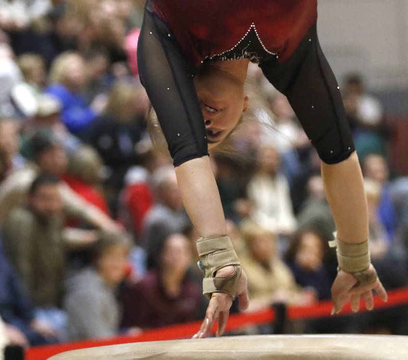 Prairie Ridge’s Alexis Vallee competes on the vault during the IHSA Mundelein Gymnastics Sectional on Feb. 13, 2025, at Mundelein High School.