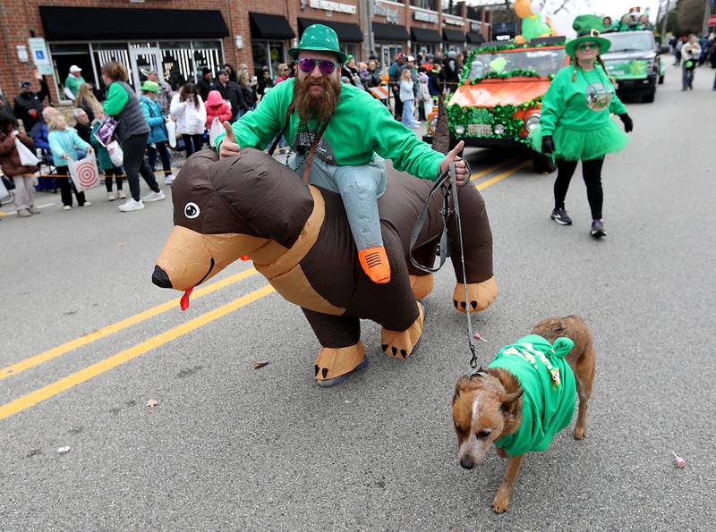 A dog is walked as the McHenry ShamROCKS the Fox Festival Parade makes its way along Green Street on Saturday, March 14, 2026. In McHenry.
