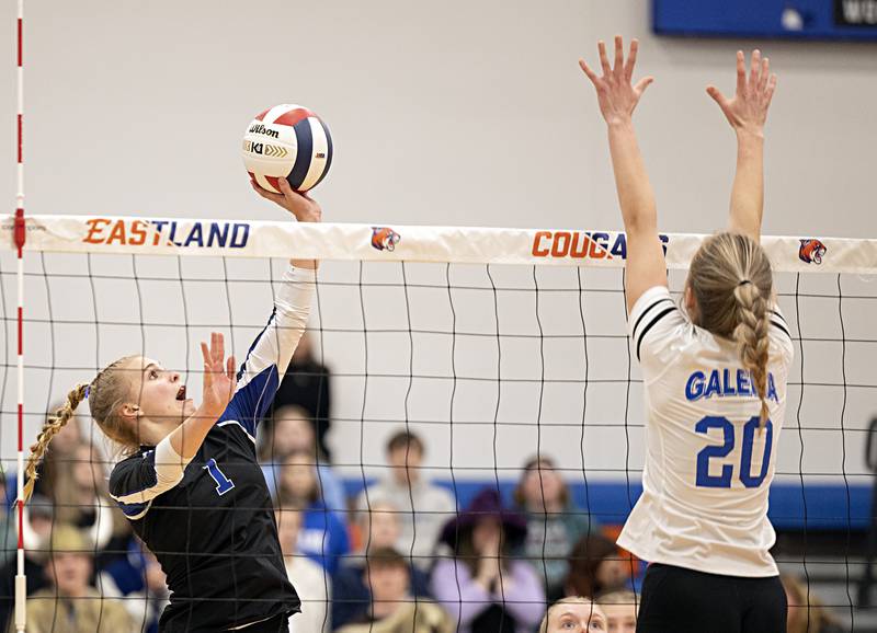 Newark’s Addison Ness plays the ball against Galena’s Addie Hefel Monday, Oct. 30, 2023 at the Eastland 1A volleyball sectional.