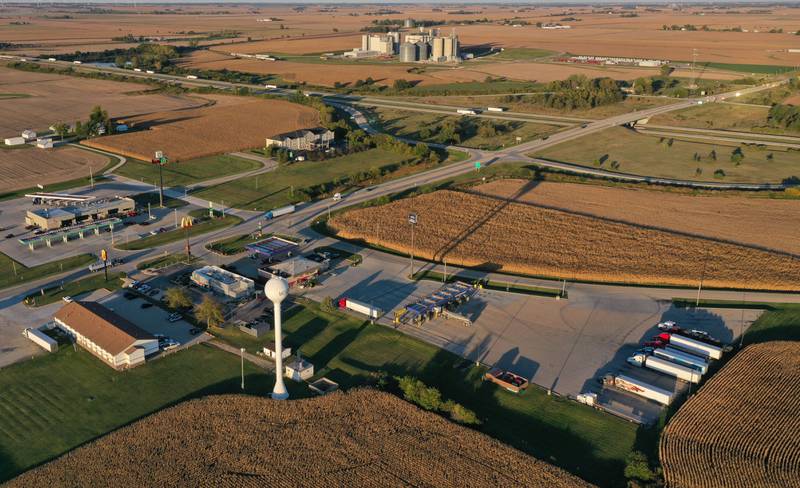 An aerial view of the Mendota water tower at the intersection of Interstate 39 and U.S. Route 34 on Wednesday, Oct. 8, 2025 in Mendota.