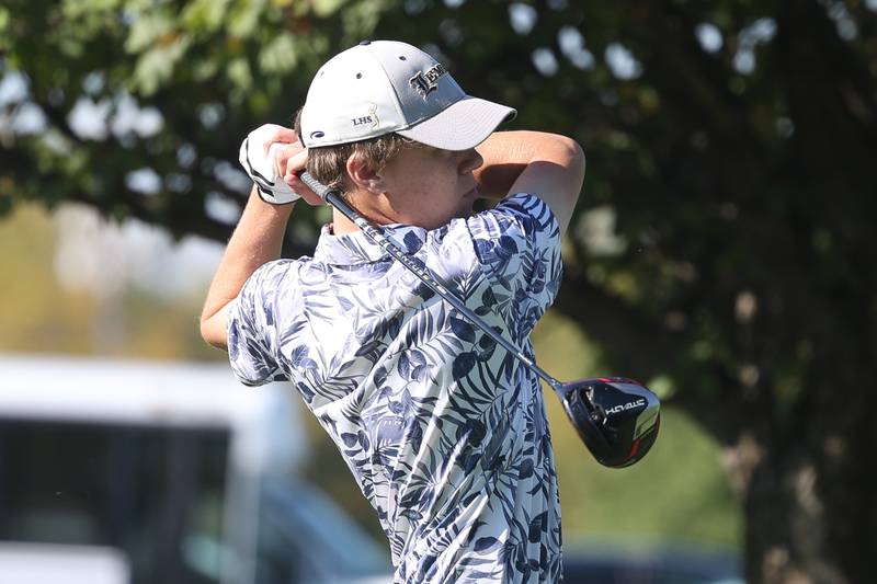 Lemont’s Eddie Scott tees off the hole 1 in the Class 2A Lemont Golf Sectional at Wedgewood Golf Course in Plainfield on Monday, Oct. 2, 2023.