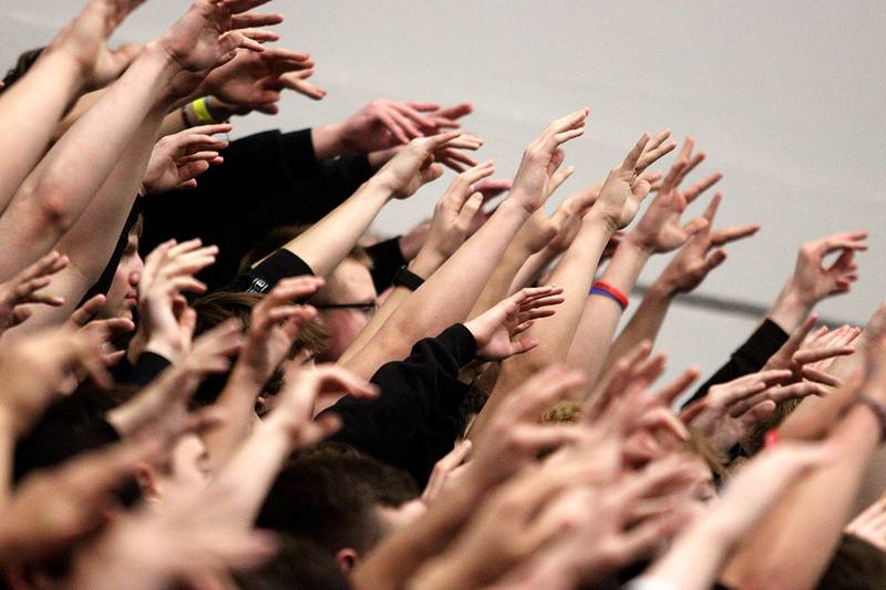 Marmion Academy fans gesture during a free throw as part of IHSA Class 3A Sectional title game action at Burlington Central High School Friday night.