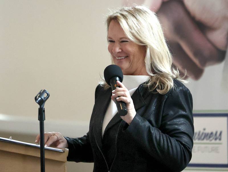 RoseMarie Treml, executive director of the Sycamore Chamber of Commerce, speaks Thursday, March 5, 2026, during the Sycamore Chamber of Commerce Annual Meeting in Memorial Hall at St. Mary's Catholic Church in Sycamore.