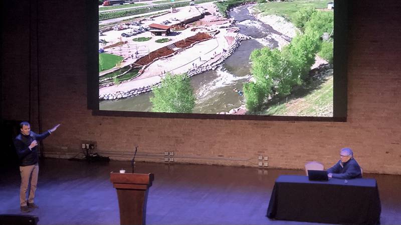 The River Corridor Foundation of St. Charles director John Rabchuck (right) and guest speaker Scott Shipley (left) led a lecture on Dam Alternatives at the Arcada Theater in St. Charles on Jan. 17, 2024.