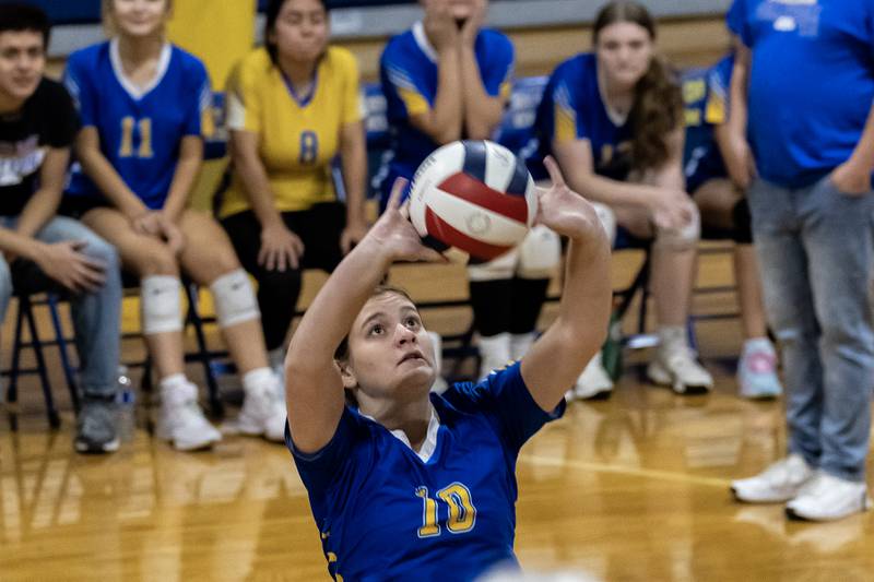 Joliet Central's Lexi Webb sets up a teammate during a varsity volleyball game against Illinois Mathematics and Science Academy at Joliet Central on Oct. 20, 2025.