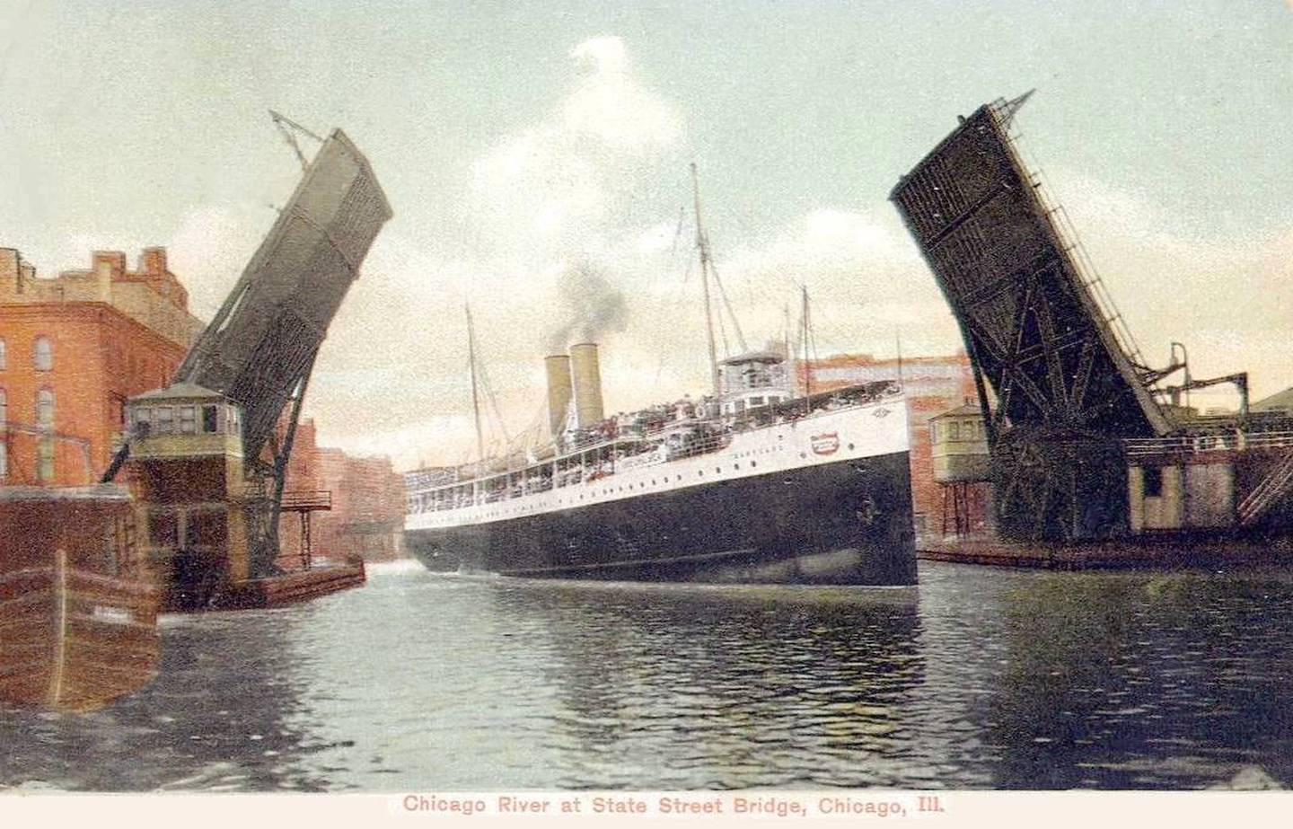 This postcard shows the SS Eastland under the State Street bridge in Chicago.