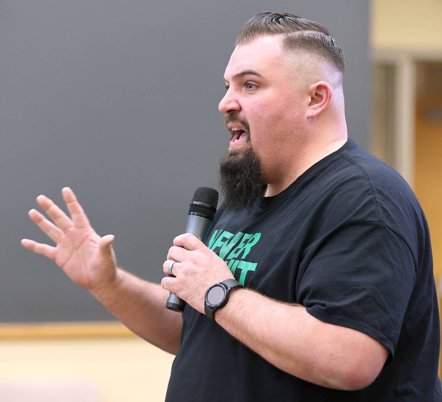 Chuck Holter, a maintenance worker at the DeKalb County Rehab and Nursing Center and union president for nursing home employees, expresses his opposition to the proposed sale of the center during the DeKalb County Board's Committee of the Whole meeting Wednesday, April 13, 2022, at the County Legislative Center in Sycamore.