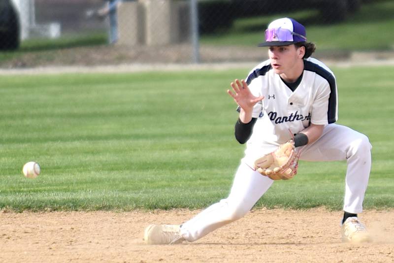 Manteno's Tyler Buehler fields a ground ball during a home game against Reed-Custer Monday, April 14, 2025.