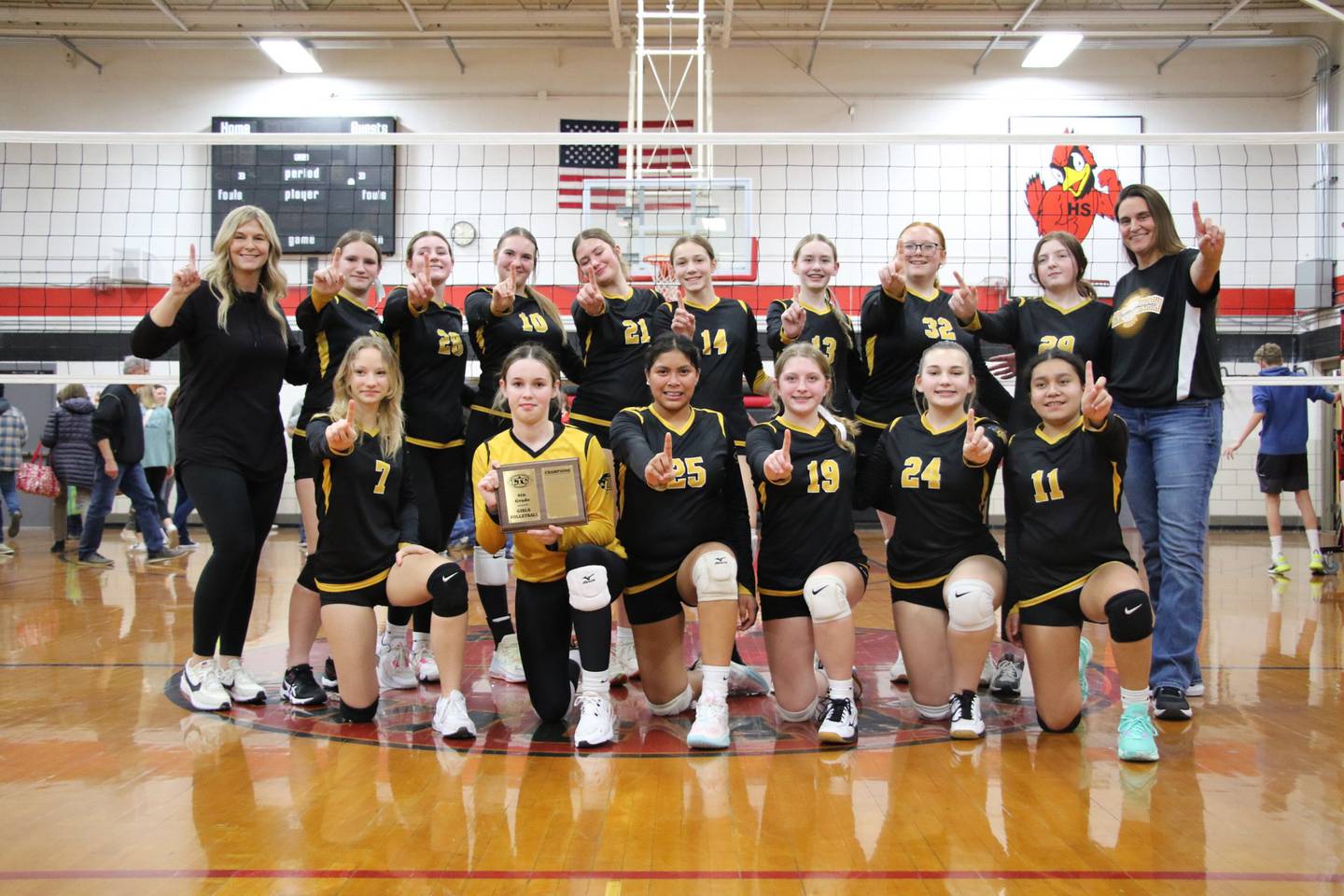 The Putnam County Pumas eighth-grade team defeated Fieldcrest and Henry to win the Tri-County Conference Tournament at Henry. Team members are (front row, from left) Diana Ely, Jaycee Dickey, Britney, Eden, Tinlee Sistek and Naty; Villagomez and (back row) and Coach Julie Zuninga, Mya Barajas, Kennedy Holocker, Myah Richardson, Finley Rue, Hannah Heiberger, Avery Grasser, Samantha Marciniak, Illiana Luke and Coach Shannon Jenkins.