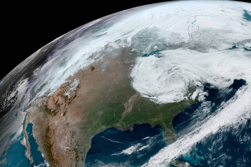 This satellite image provided by NOAA shows clouds over North America on Thursday, April 4, 2024. (NOAA via AP)