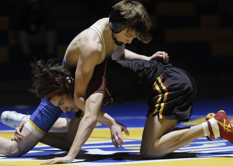 Johnsburg’s Chase Vogel controls Richmond-Burton’s Kristian Gersch in the 115-pound match of a Kishwaukee River Conference wrestling meet on Thursday, Jan. 30, 2025, at Johnsburg High School.