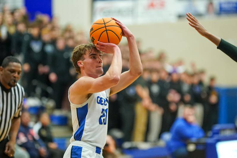 Geneva’s Jack Hatton (20) shoots a 3-pointer against Glenbard North during a class 4A Geneva Regional final basketball game at Geneva High School on Friday, Feb. 28, 2025.
