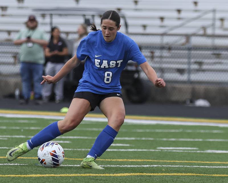 Lincoln-Way East's Adelyn Thomas (8) scores a goal during the Class 3A Joliet West Sectional semi-final soccer match between Lincoln-Way West at Lincoln-Way East.  May 27, 2025.