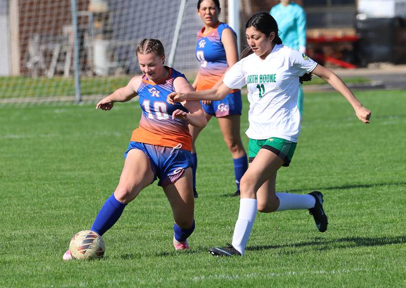 Genoa-Kingston's Alexandra Taylor clears the ball Thursday, April 23, 2026, during their game against North Boone at Genoa-Kingston High School.