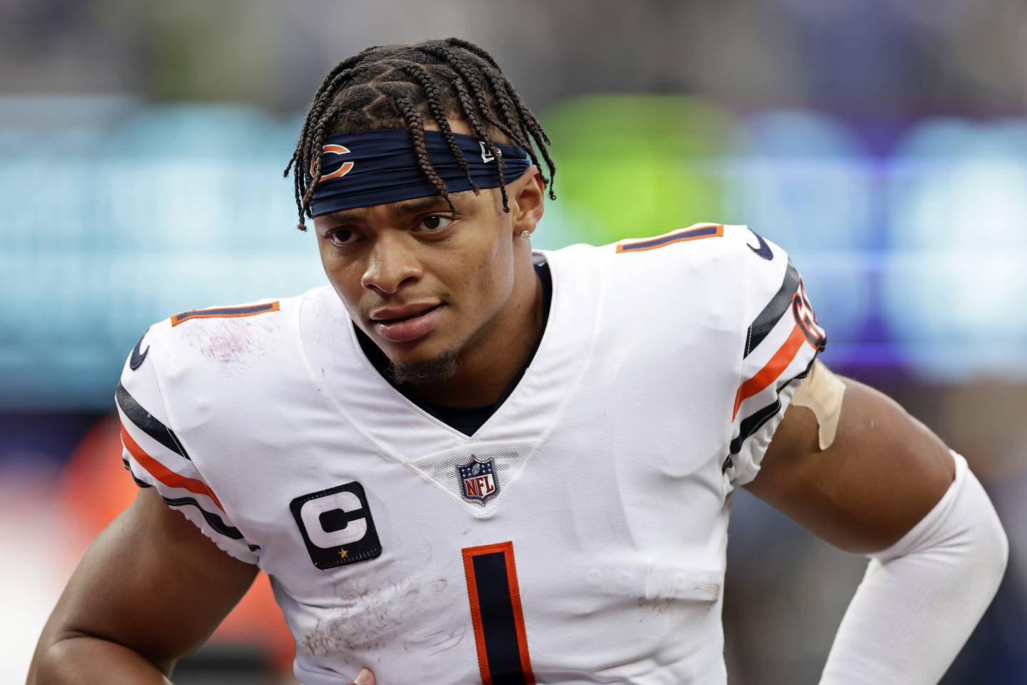 Chicago Bears quarterback Justin Fields  walks off the field after playing the New York Giants on Sunday, Oct. 2, 2022, in East Rutherford, N.J.